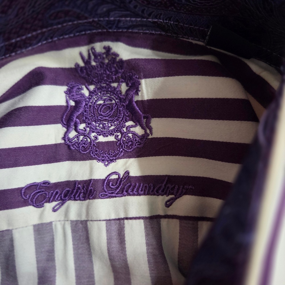 English Laundry Mens Striped Dress Shirt Purple White Button Down 16 1/2 34 35 - Picture 2 of 10